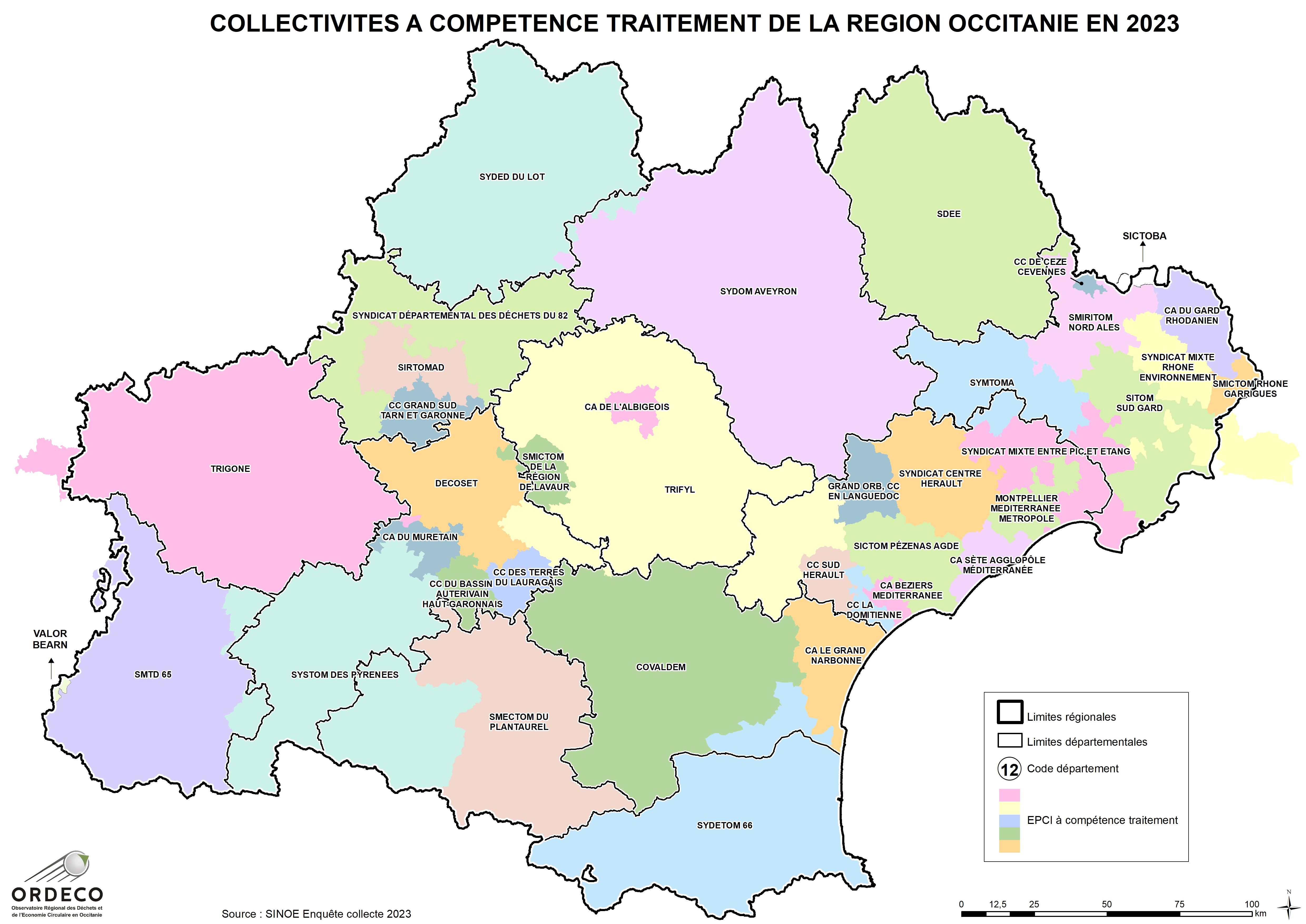 Cartographies régionale et par département, des EPCI d'Occitanie, ayant des compétences en matière de traitement des déchets