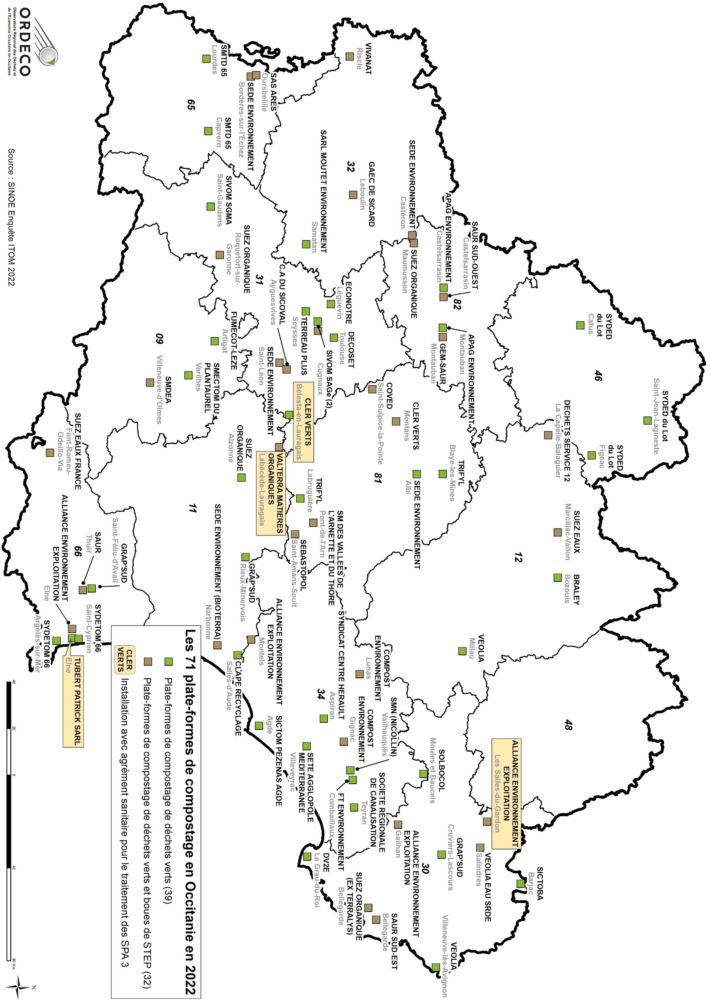Les 71 plateformes de compostages enquêtées de l'Occitanie en 2022
